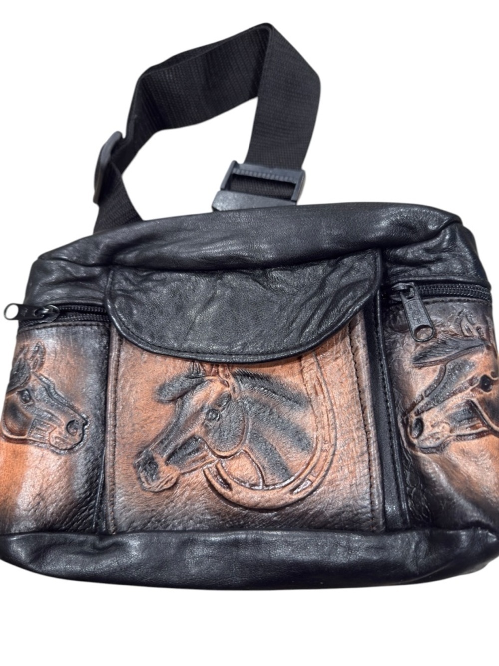 Western Hand Tooled Leather Fanny Bag Horse Motif in embossed Relief zippers